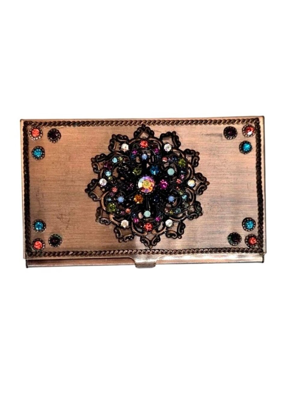 Vintage Bronze Metal Business Card Holder With Multicolor Rhinestone